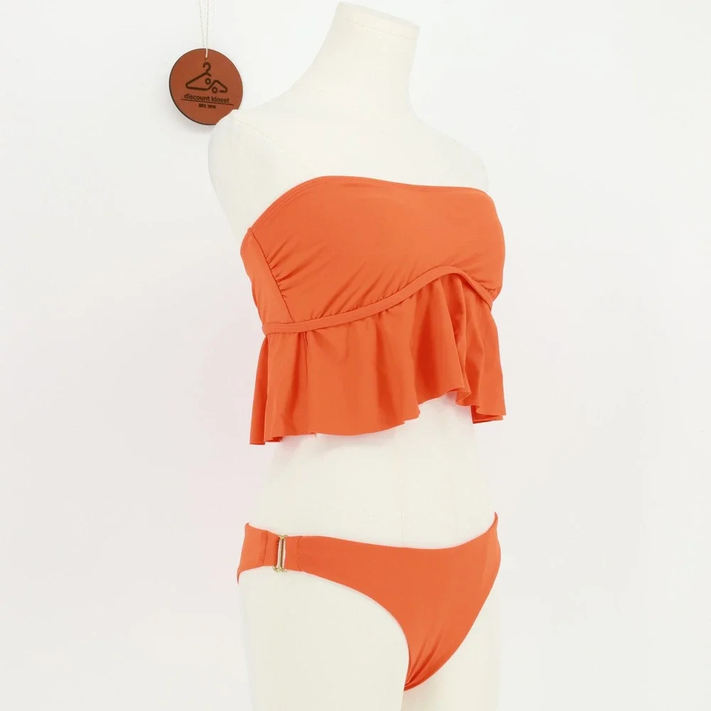 L*Space Orange Ruffle Bandeau Bikini Set Bitsy Cut Bottoms Large Beachwear Swim